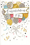 A stylish congratulations card is depicted, radiating the same joyful energy as a small celebration on a sunny afternoon in Stepney. Central to the design is a gathered bouquet of balloons, drifting upwards as though just released in delight after good news shared along Mile End Road or near Stepney Green. The balloons are drawn in a softly luminous palette of gold, silver, champagne, dusky pink, cool sky blue, and subtle grey, each adorned with fine decorative details-glitter-like bands, delicate stars, and scattered spots that suggest the sheen of metallic foil or sparkling glitter. Their slender strings flow down in twisting ribbons of gold and silver line work, intertwining gracefully like the trailing ties on a congratulatory bouquet. The background of the card remains airy and pale, sprinkled with tiny stars, floating confetti, and swirling curls that echo the unplanned joy of an impromptu party at home. Across the centre, a banner stretches gently between the balloons, bearing the words "Congratulations To You" in refined, cursive lettering that feels warm and sincere rather than formal. The design hints at texture: raised, glossy ink for the script, lightly grainy glitter on the stars and balloon details, and smooth, high-quality card beneath your fingertips. Altogether, the card's composition suggests pride, admiration, and shared happiness, making it an ideal companion to flowers delivered for exam success, a new job, or any proud moment worth celebrating within the Stepney community.